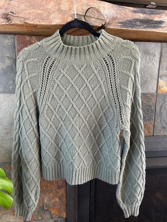 American Eagle Outfitters Sage Green Cable Knit Mock Neck Sweater - Picture 1 of 4